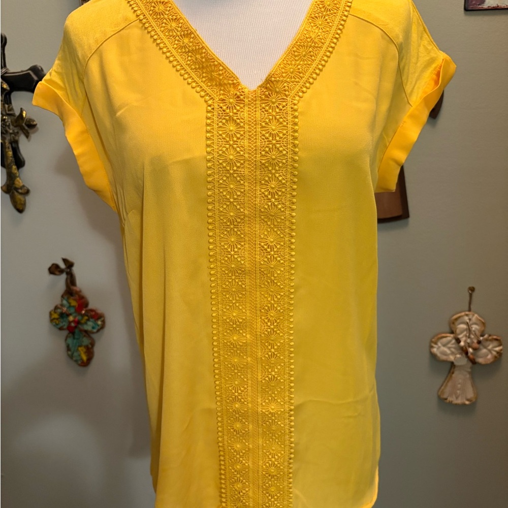 Fortune + Ivy Zora Yellow Embroidered Trim Women's Top